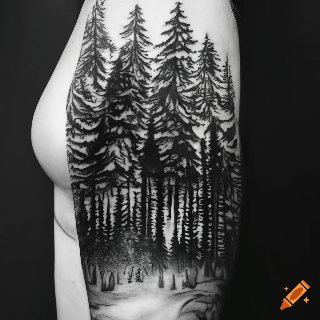 Black and White Forest Sleeve Tattoo