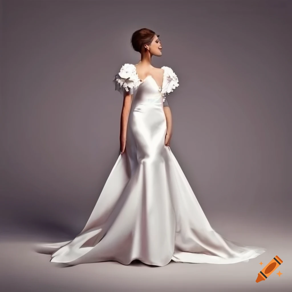 Bride in a white silk mermaid wedding dress with puff sleeves and long ...