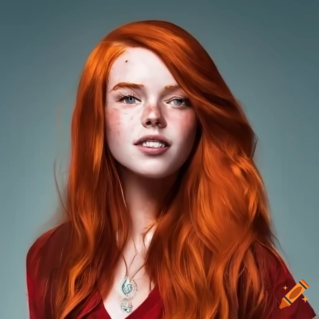 Close-up portrait of a smiling woman with freckles and red hair on Craiyon