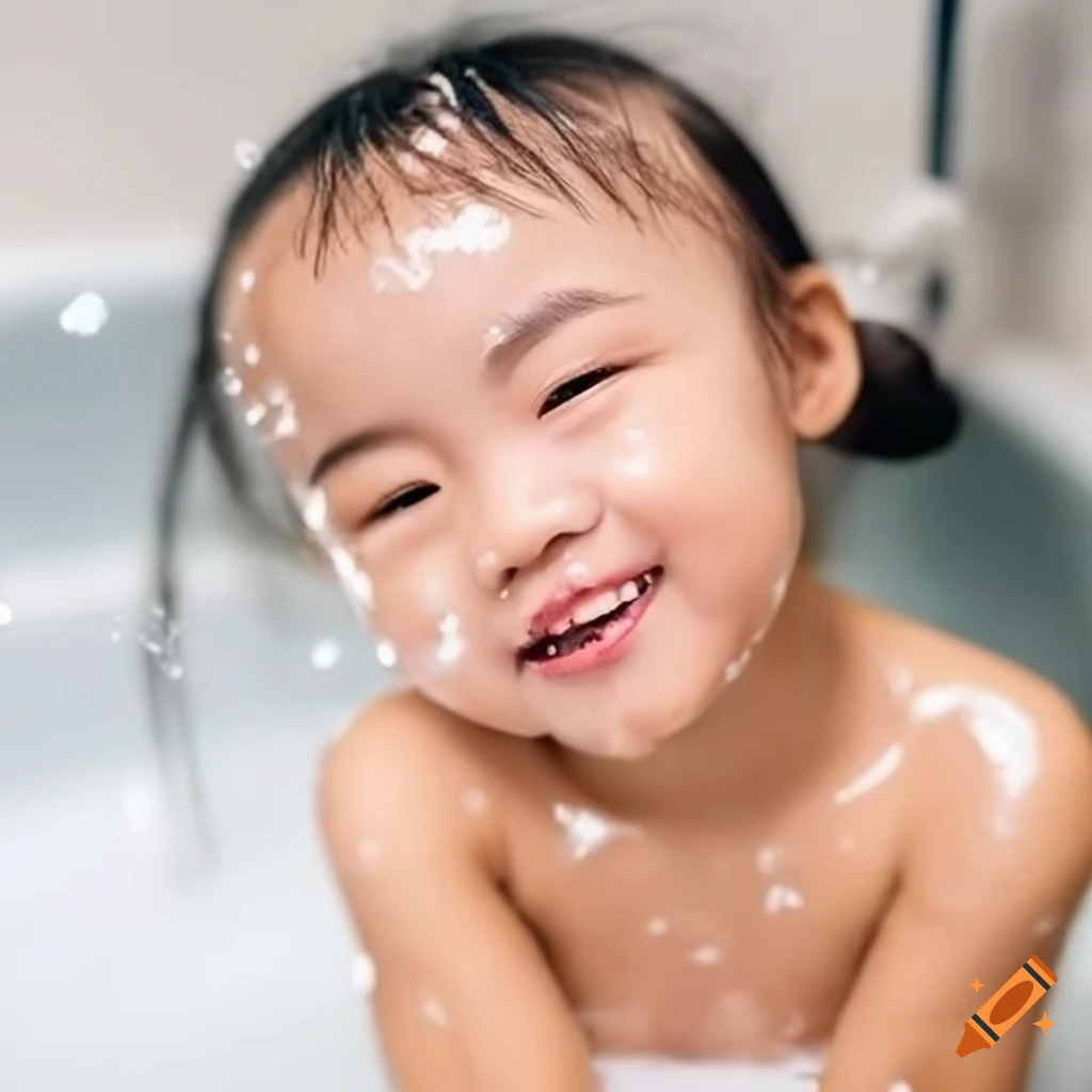 happy Asian toddler girl during bath time with blonde pigtails and enjoying a popsicle