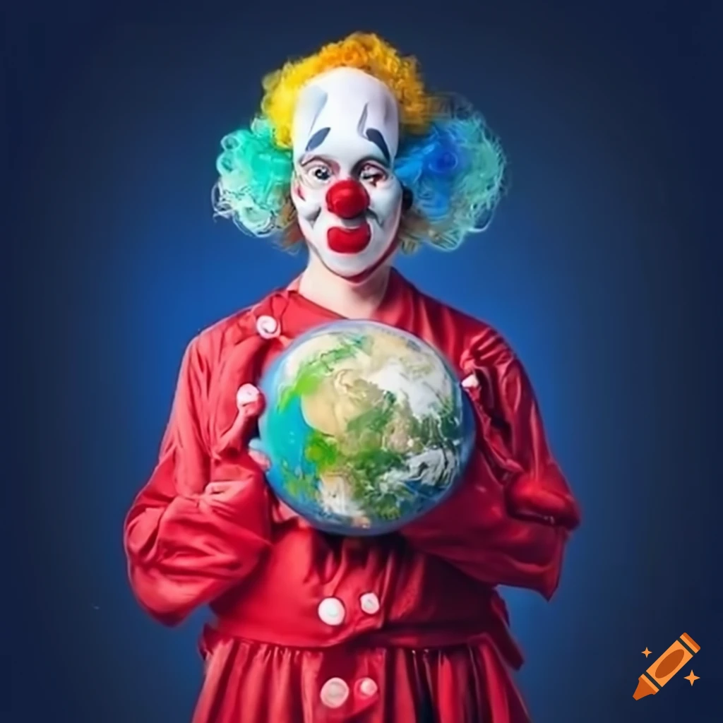 conceptual art of a clown holding planet earth