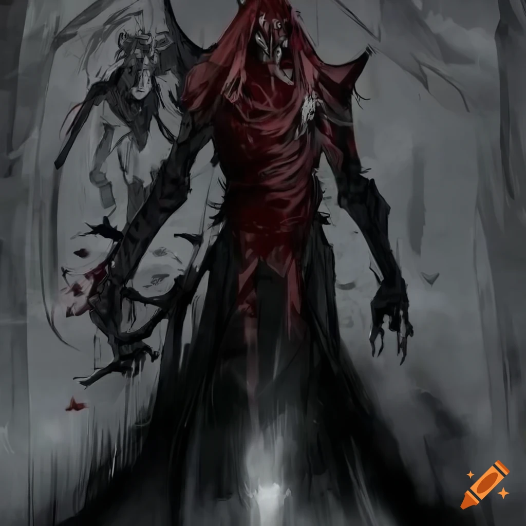 concept art of a towering figure in a dark, gothic world