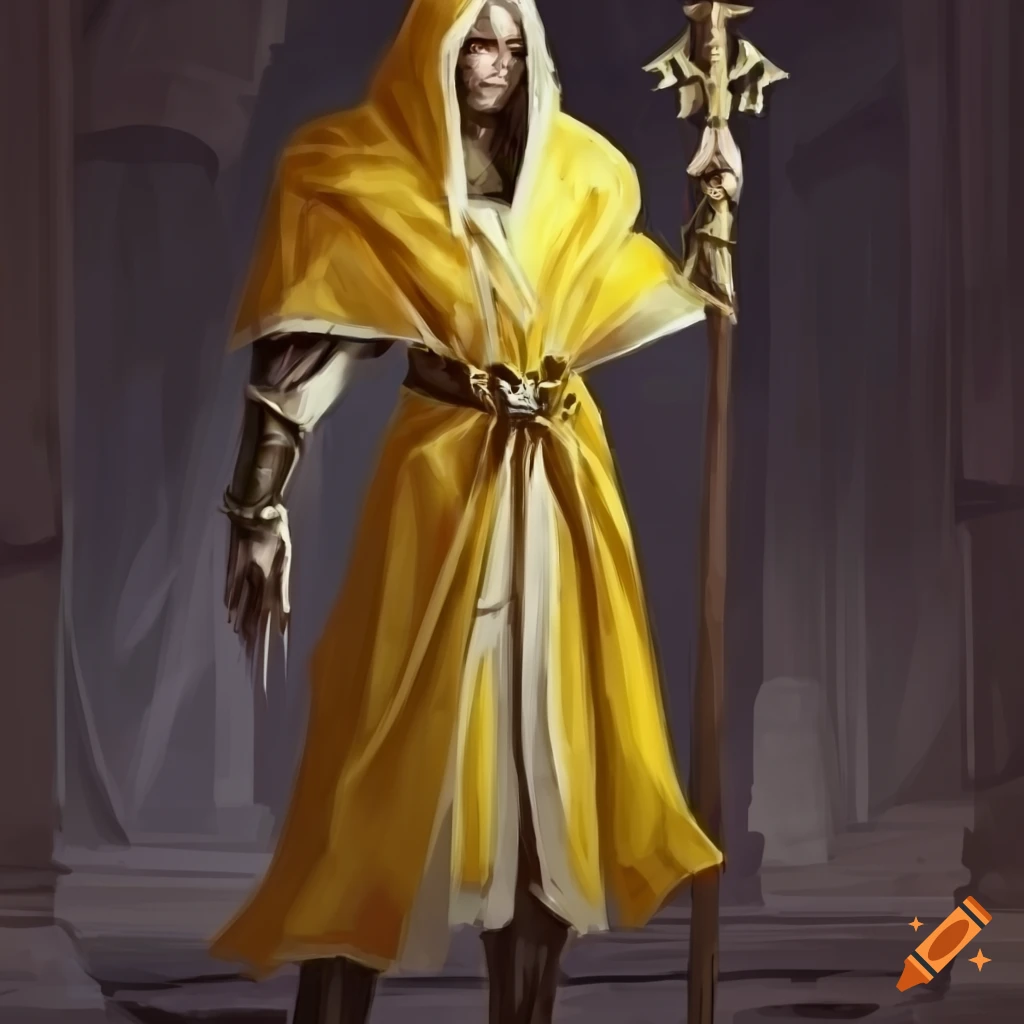 full-body depiction of a holy cleric in a yellow robe