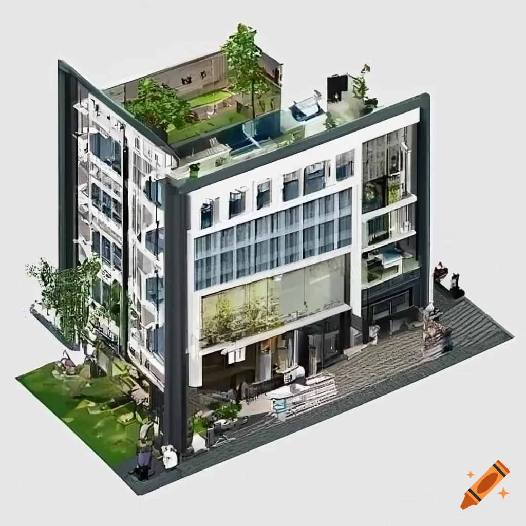 isometric view of a modern mall with glass and aluminum facade