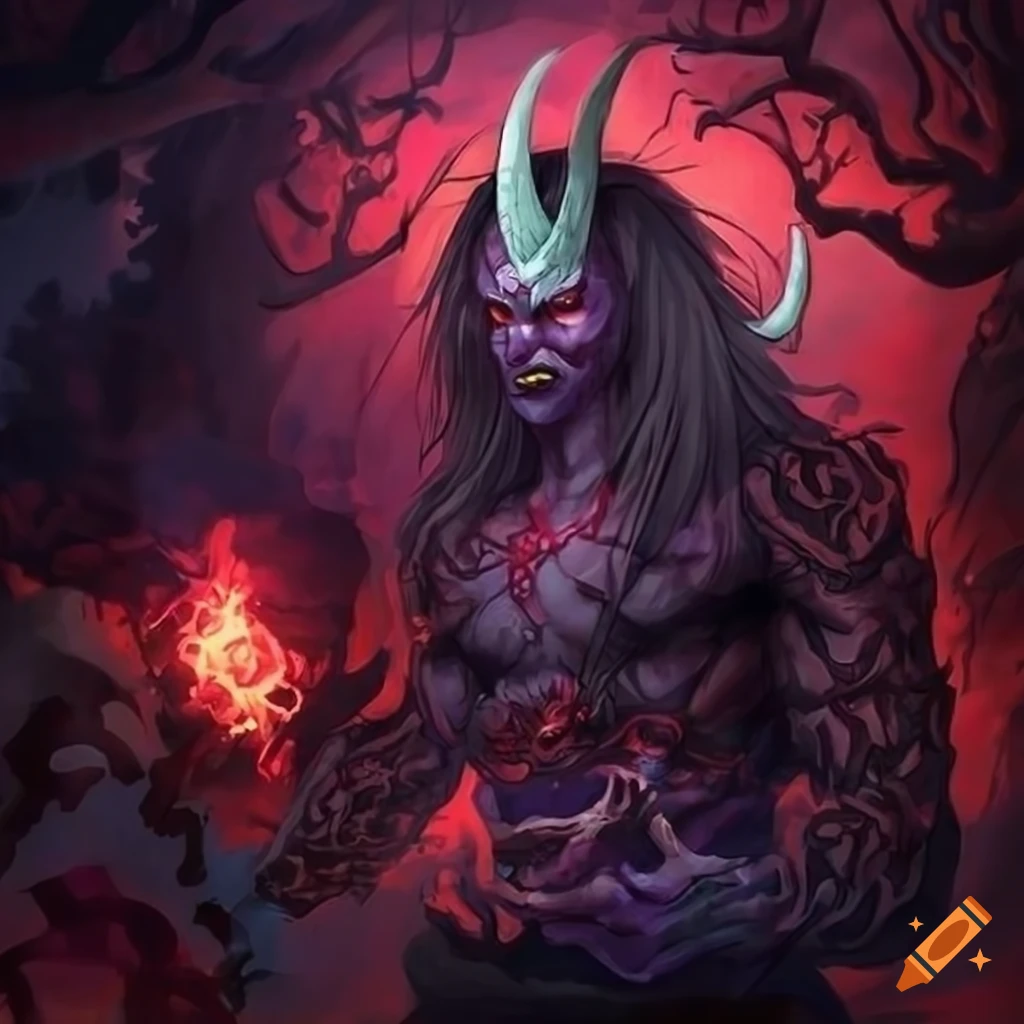 artwork of a warlock summoning a Japanese oni