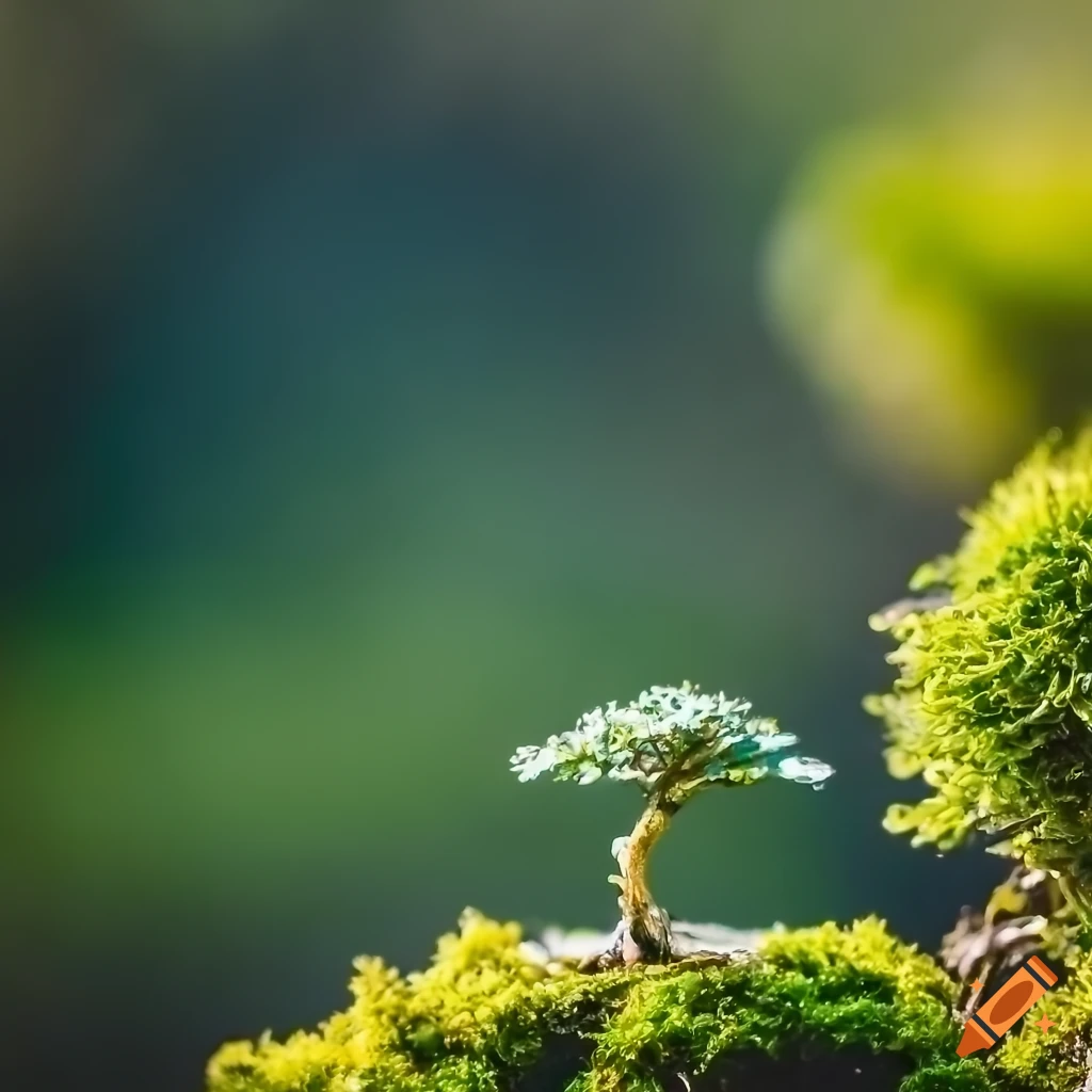 close-up photo of a small bonsai in moss