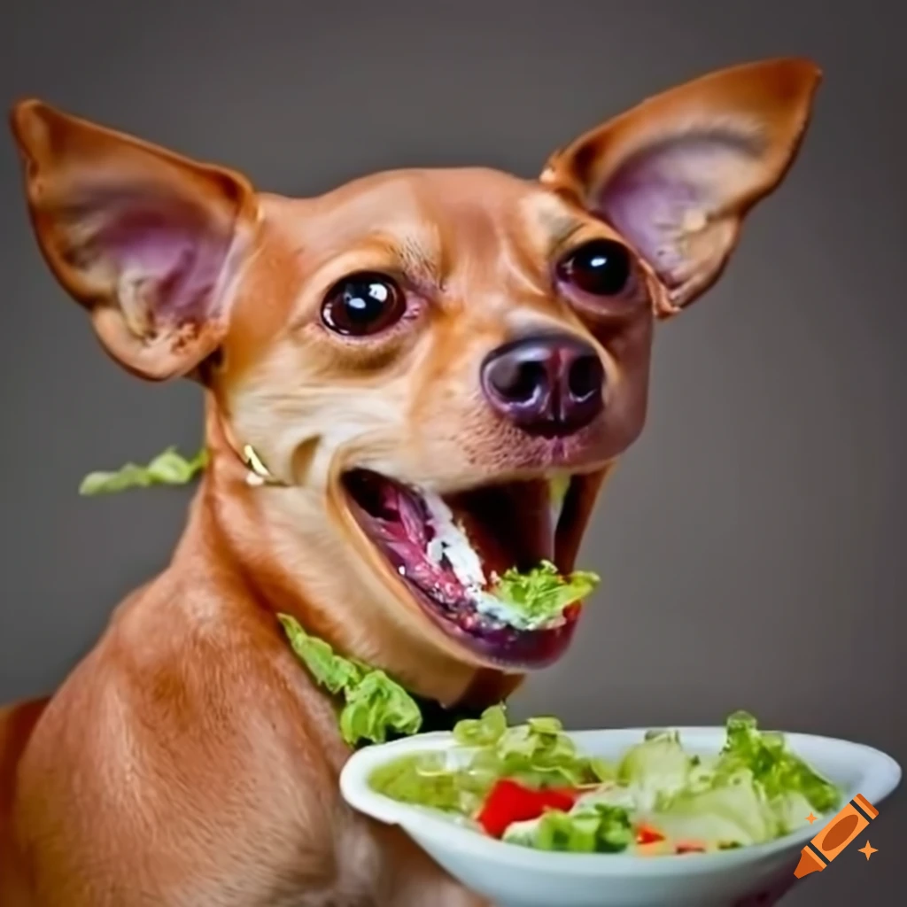 Smiling chiweenie dog eating a salad on Craiyon