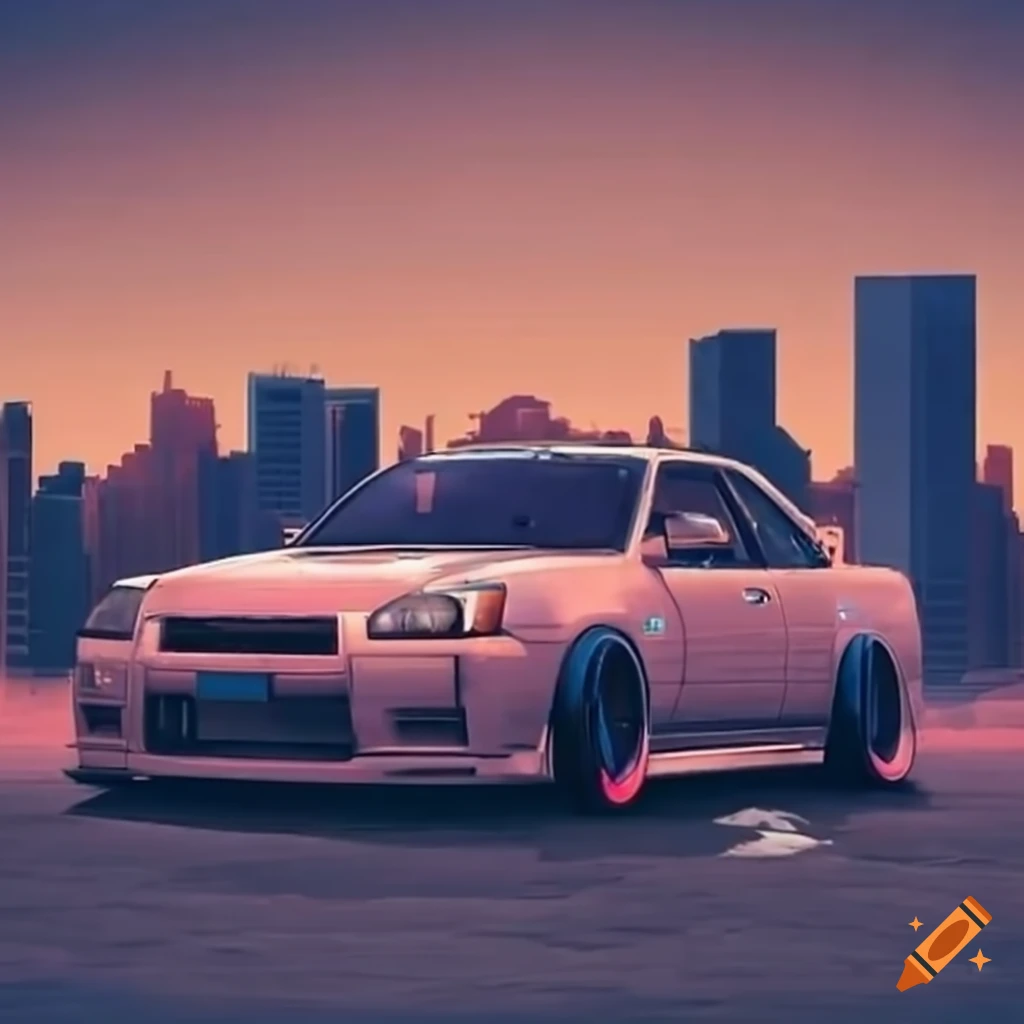 Nissan Skyline in a city at sunrise