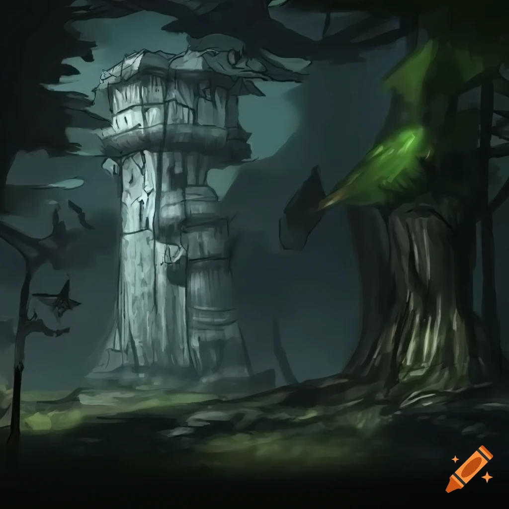 game assets of a mysterious forest base with a weapon tower
