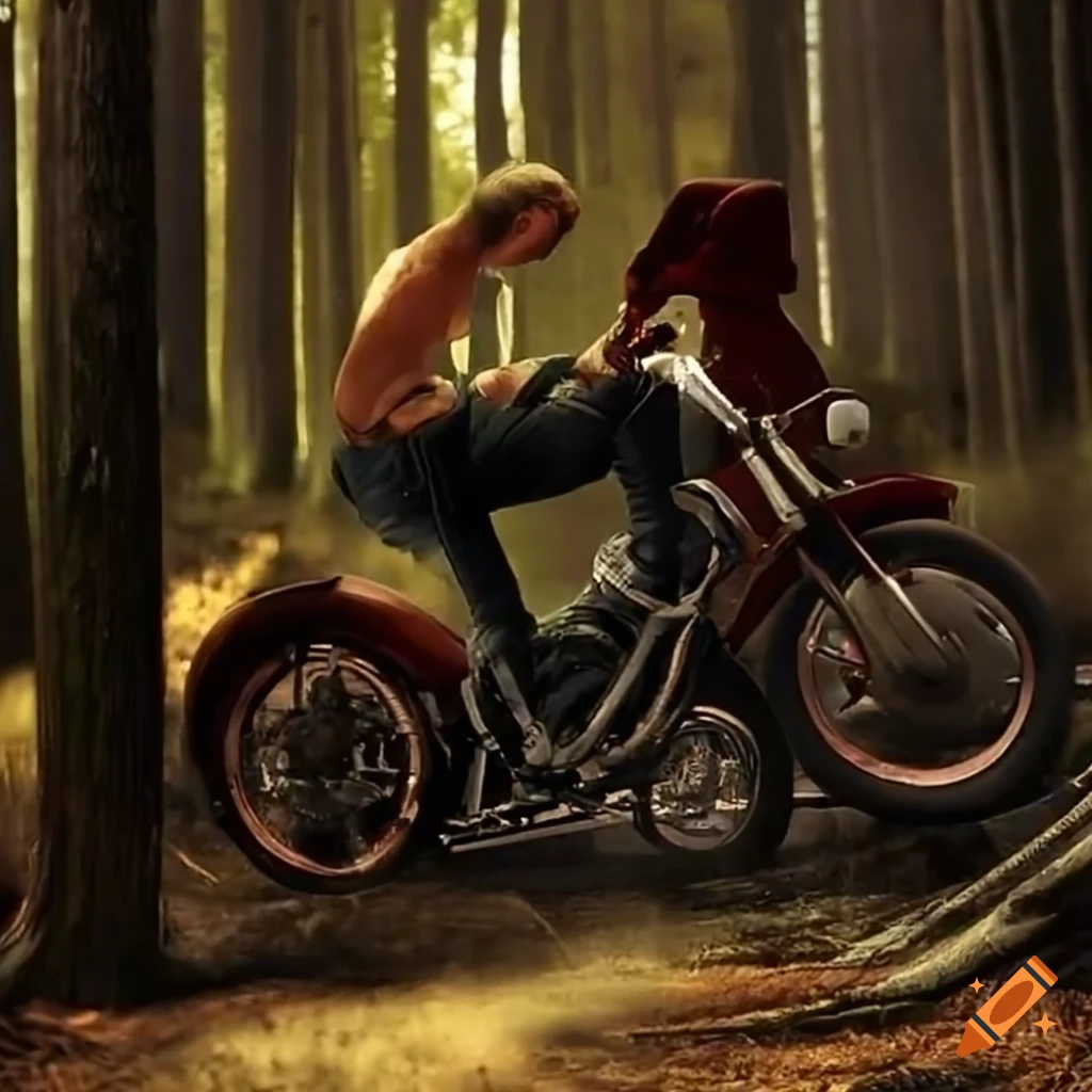 biker having a meal in the woods