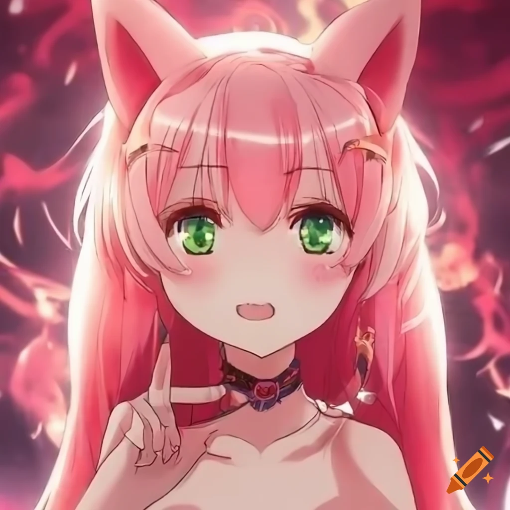 anime cat-girl with pink hair and green eyes using fire magic