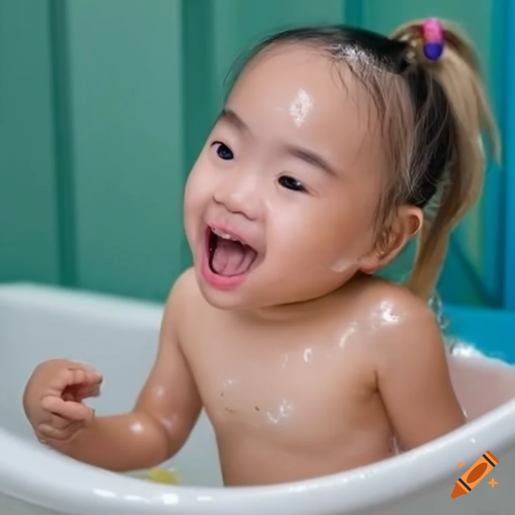 happy asian toddler girl enjoying bath time