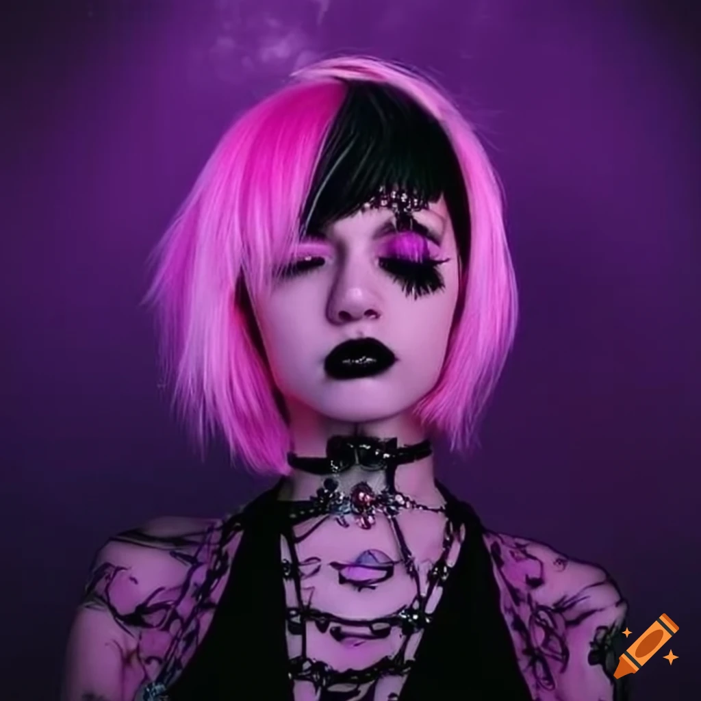Portrait Of Lovely Gothic Girl On The Roof. Pastel Goth With Violet (pink)  Hair In Black Clothes Stock Photo, Picture and Royalty Free Image. Image  125605530.