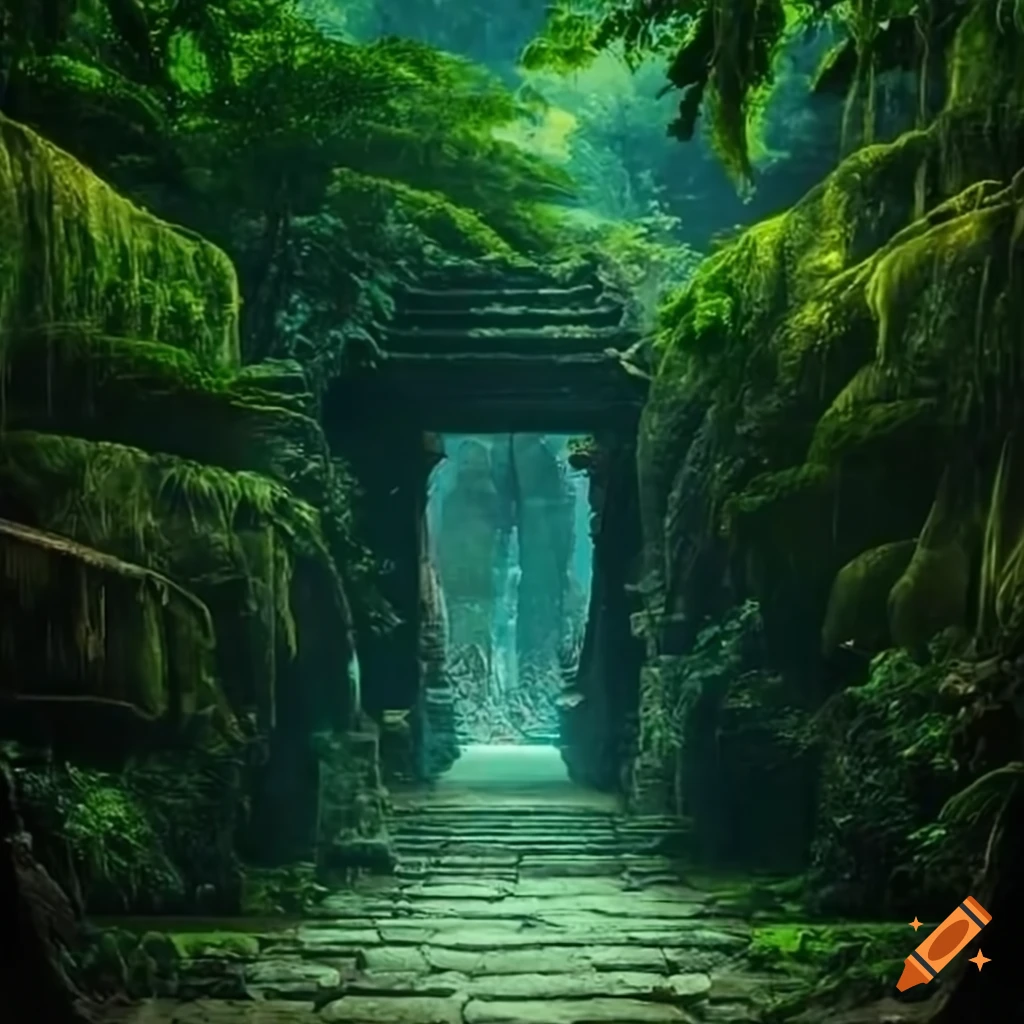 Overgrown ancient temple entrance in the jungle on Craiyon