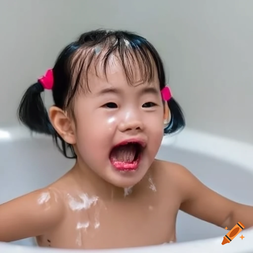 smiling Asian toddler girl with pigtails enjoying bath time