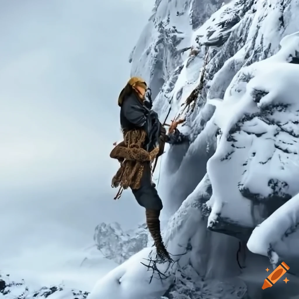 medieval mountaineers climbing a snowy cliff