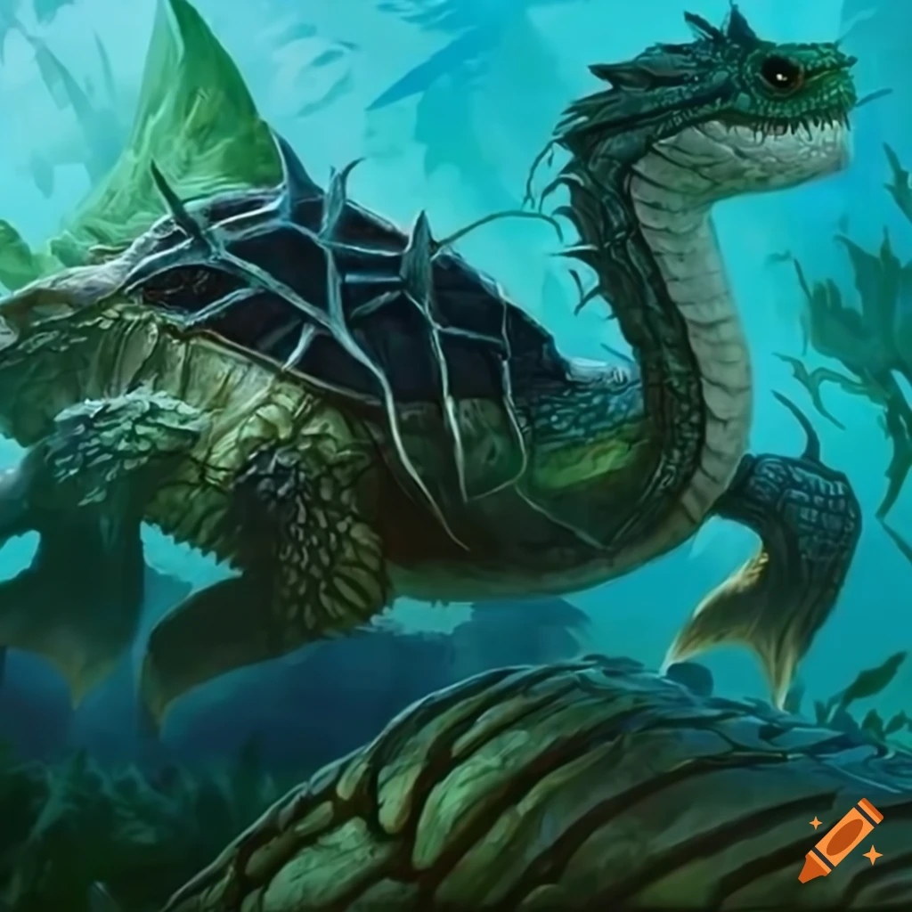Artistic illustration of an aquatic dragon turtle on Craiyon