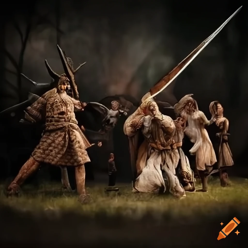 Illustration of lilliputians battling the blefuscu kingdom on Craiyon