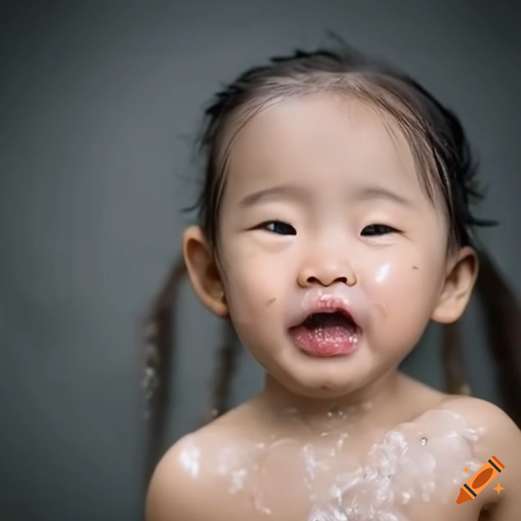 happy Asian toddler girl during bath time with blonde pigtails and enjoying a popsicle