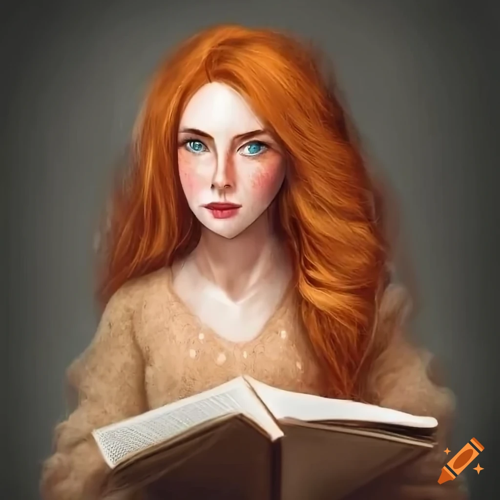 Image of a gingerhaired hobbit woman reading by the fire on Craiyon