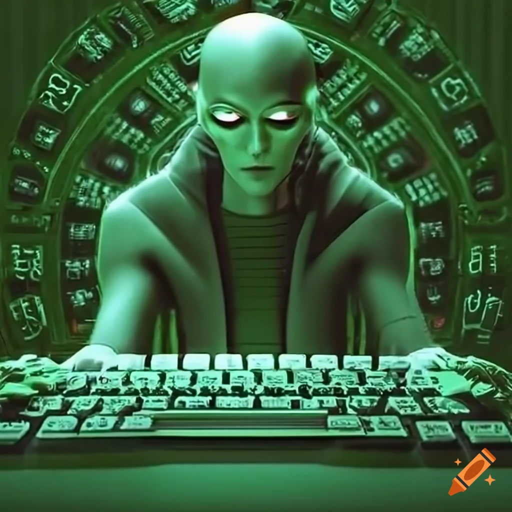 Neo in the matrix typing on a computer on Craiyon