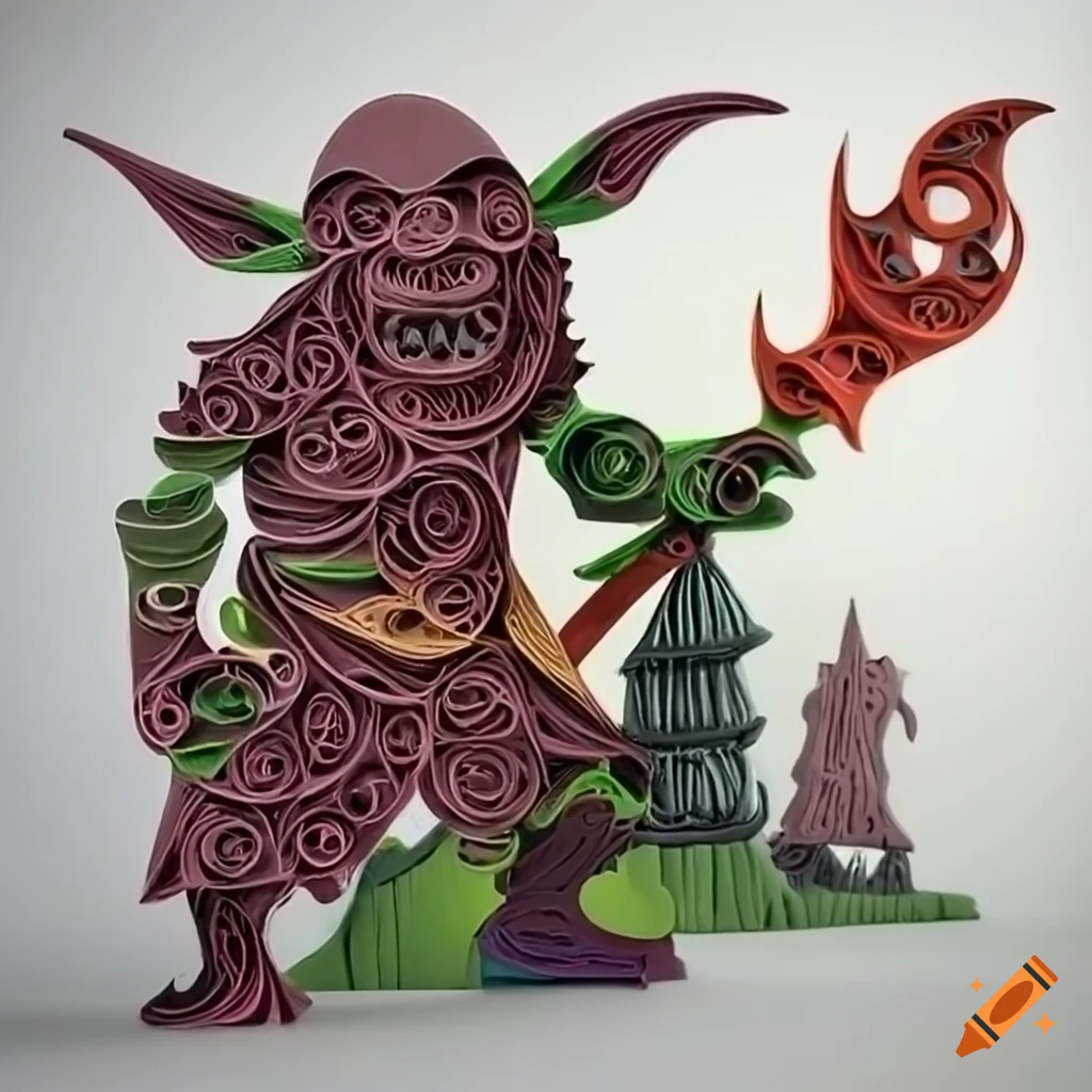 paper sculpture of a quilled cave goblin chieftain