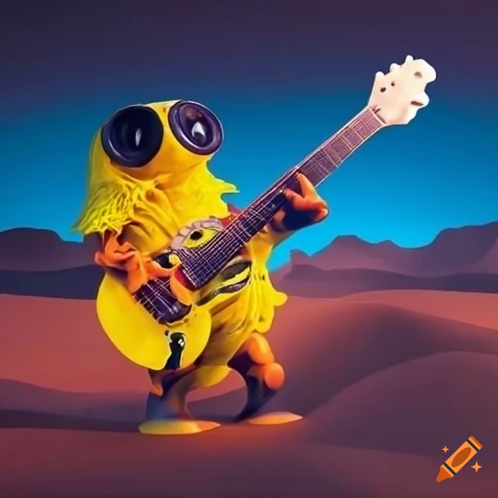 yellow-monster-mole-playing-guitar-in-a-desert-landscape-on-craiyon