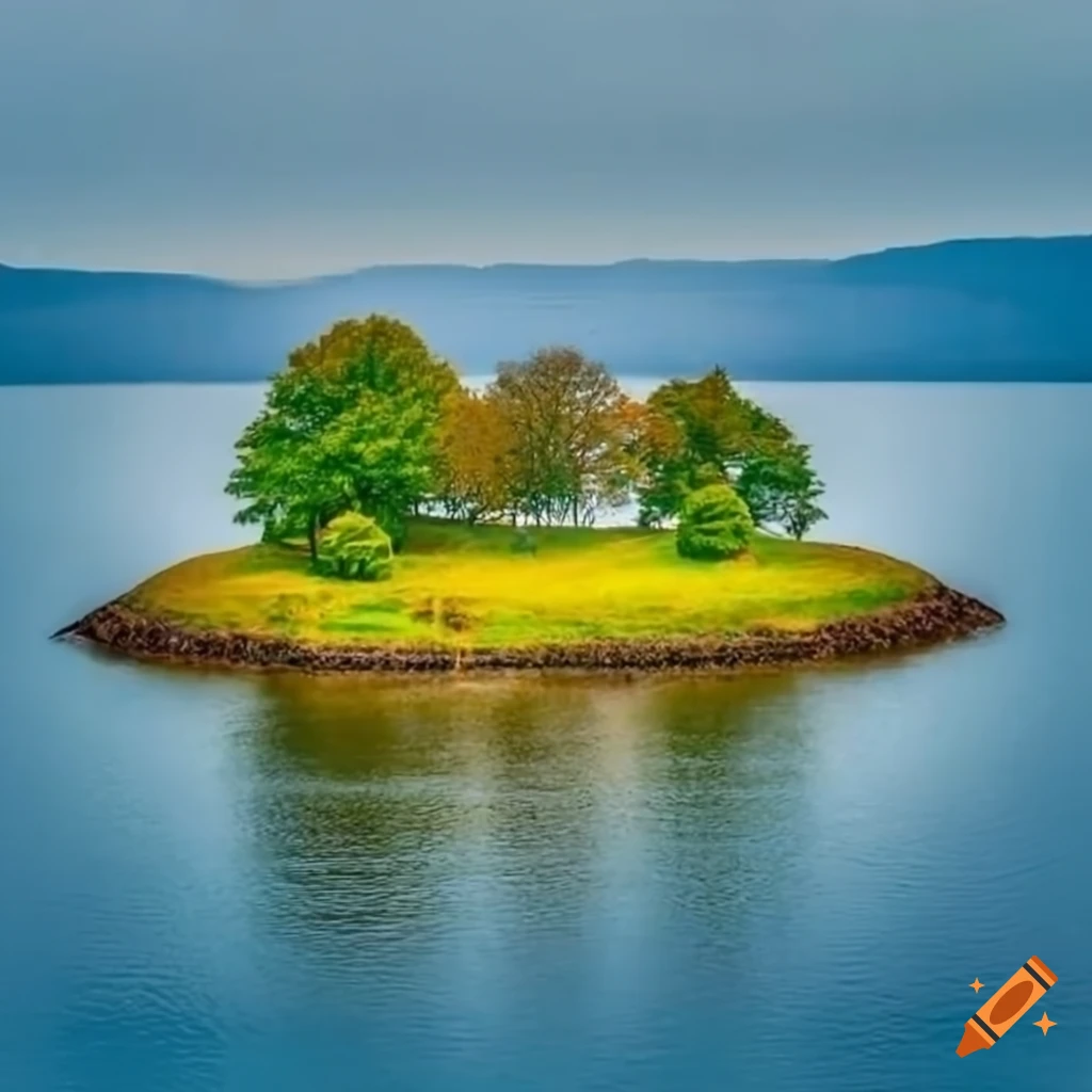 Picture of a blooming cherry tree on a small island in a lake on Craiyon