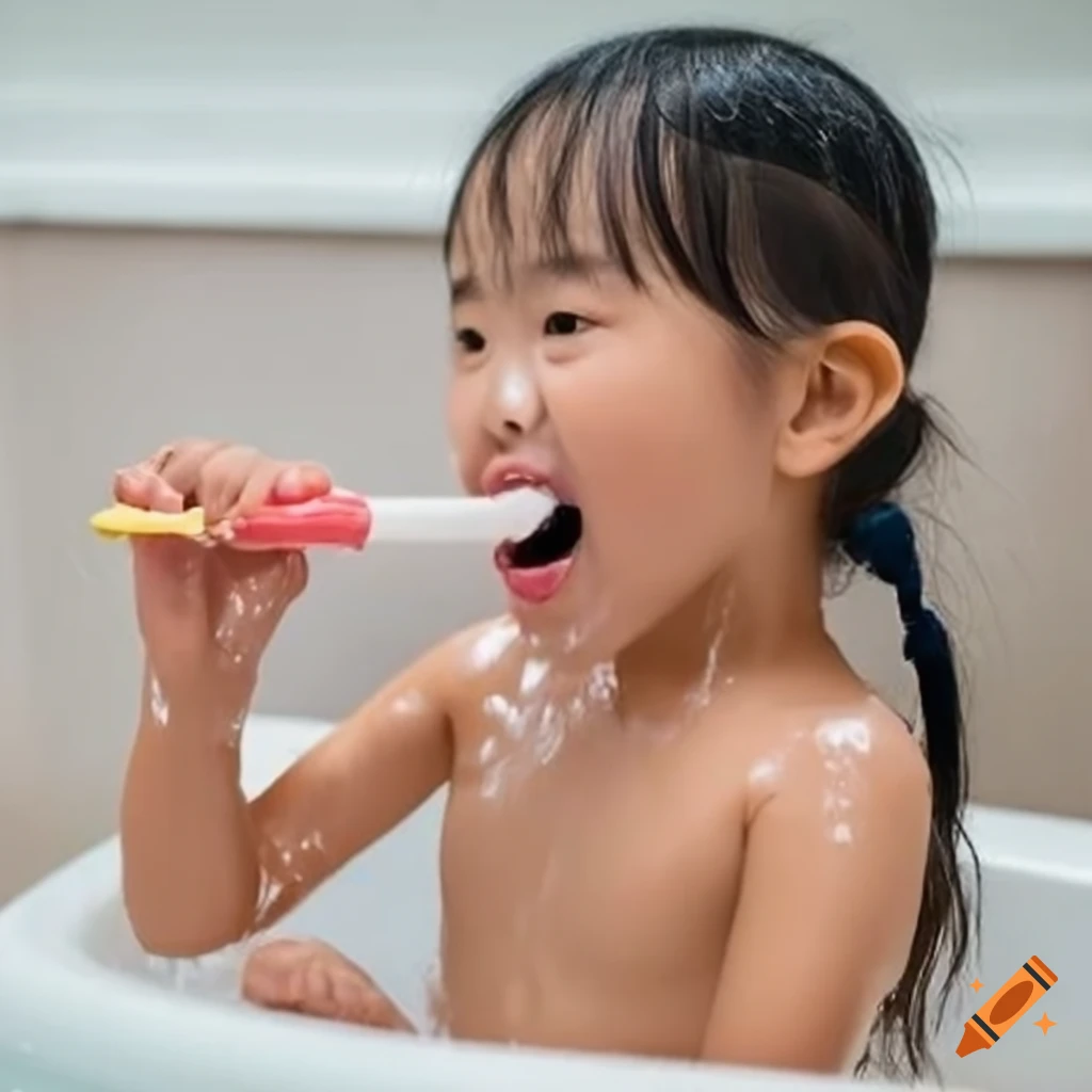 Asian toddler girl enjoying bath time with a white popsicle