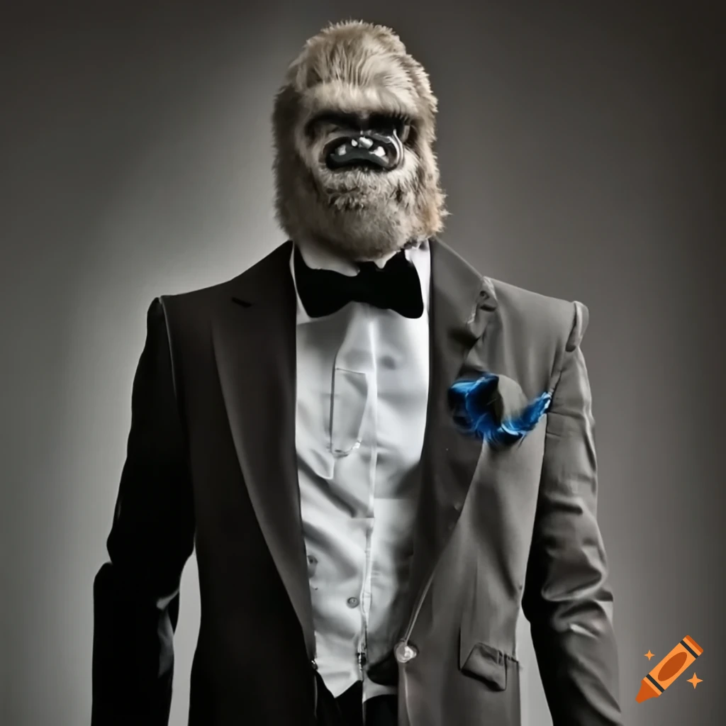 fancy dressed bigfoot in tuxedo attire