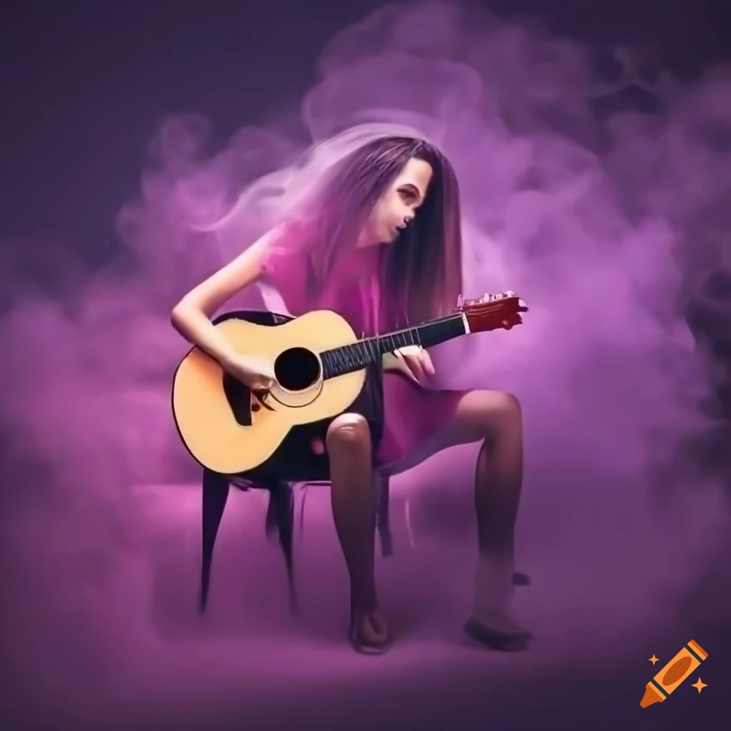 Neurodiverse person playing acoustic guitar surrounded by smoke on Craiyon