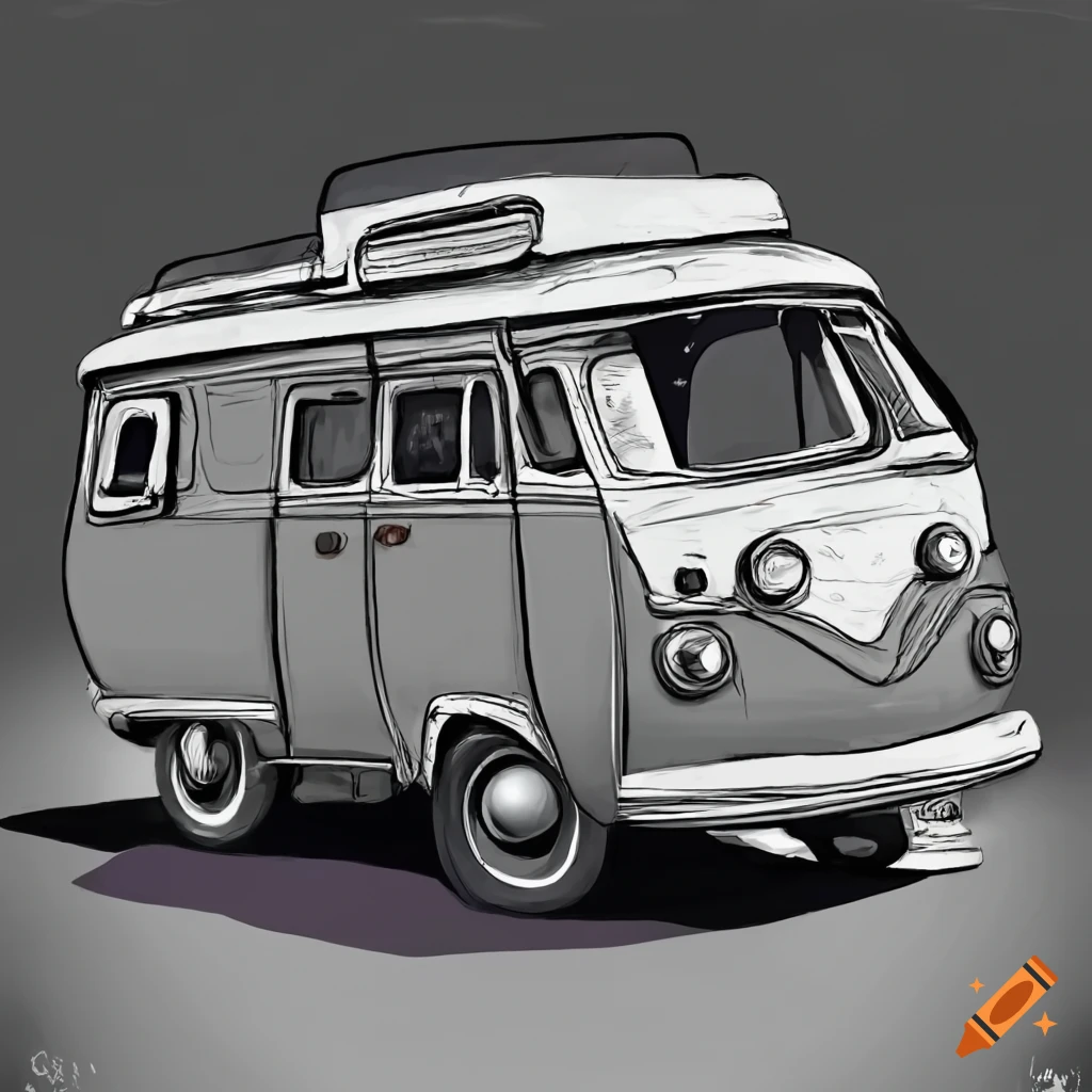 grayscale image of a camper van