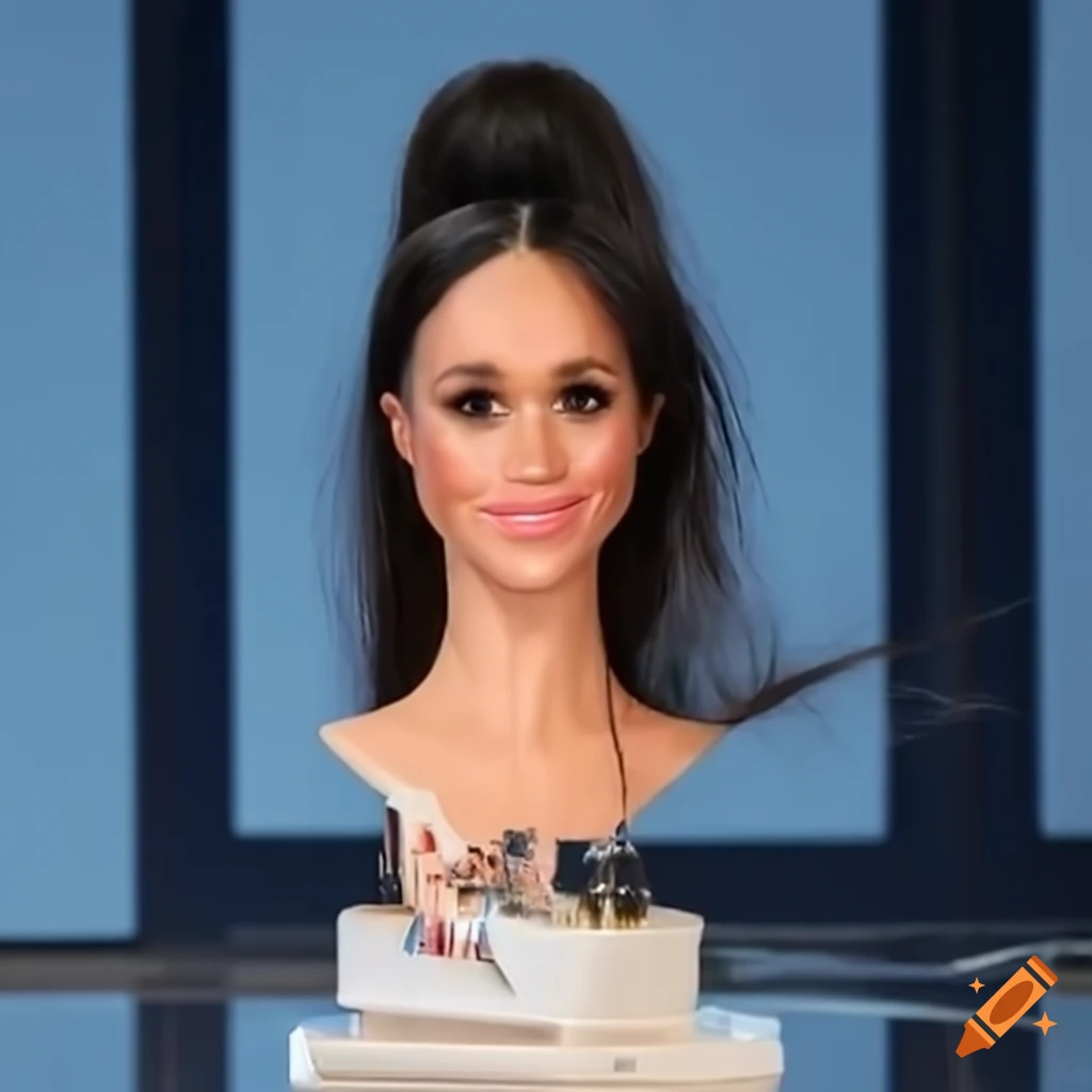 Meghan Markle styling head with hair being trimmed on stage
