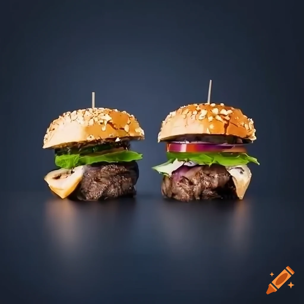 Grilled steak 'buns' burger with layered ingredients on Craiyon