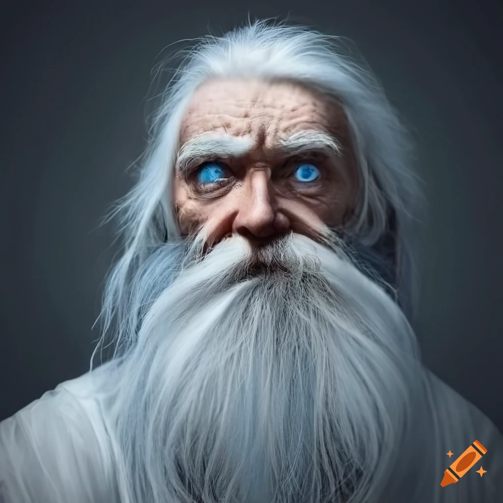 Portrait of an old man with blue eyes and long white hair on Craiyon