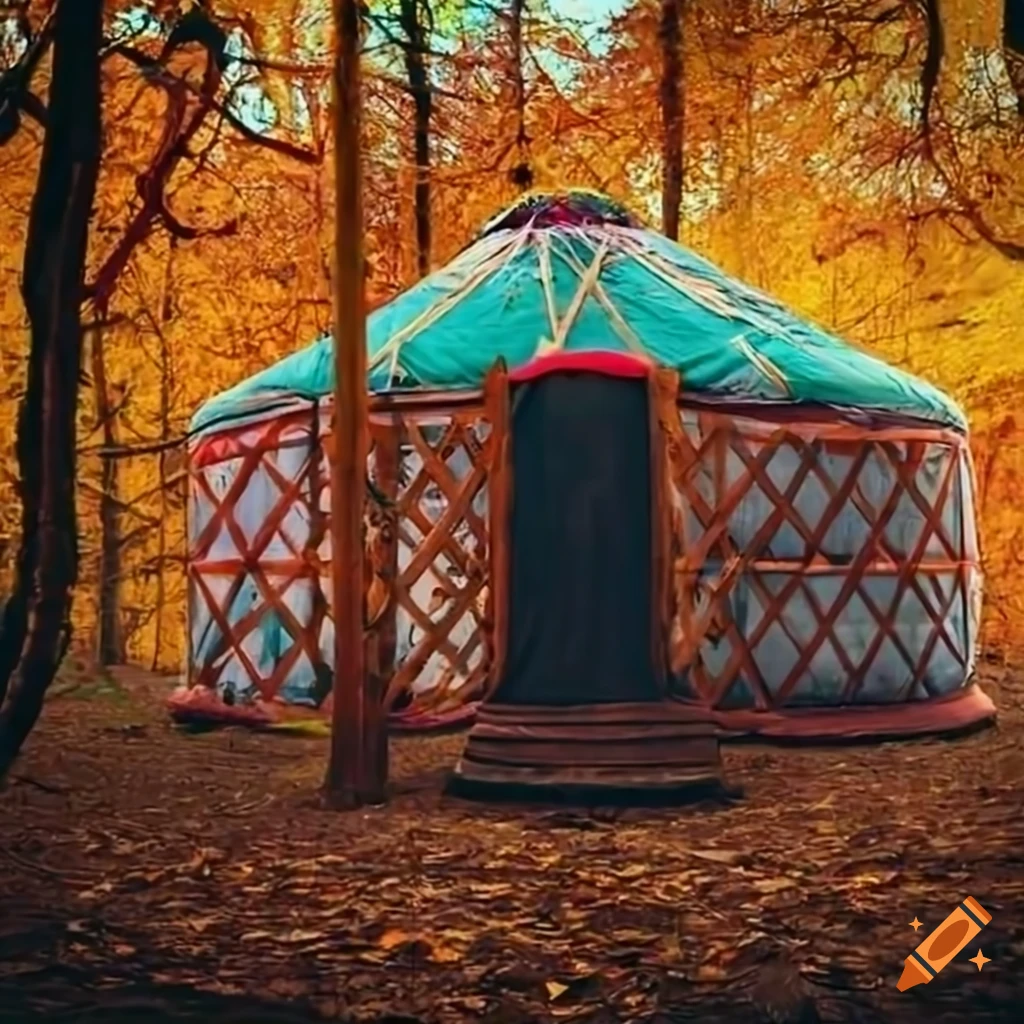 image of a male druid near a traditional yurt in an autumn forest