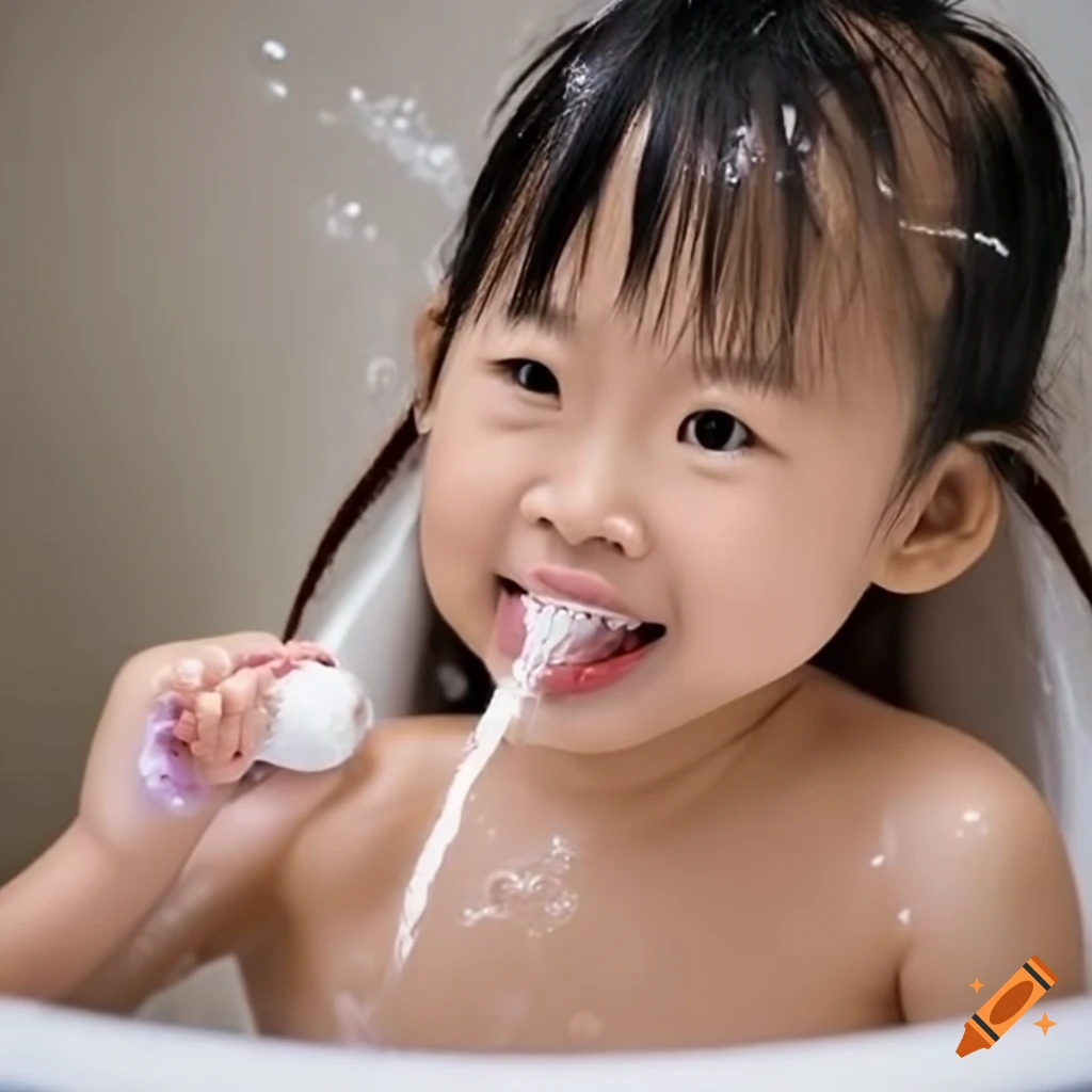 smiling Asian toddler girl with pigtails enjoying bath time