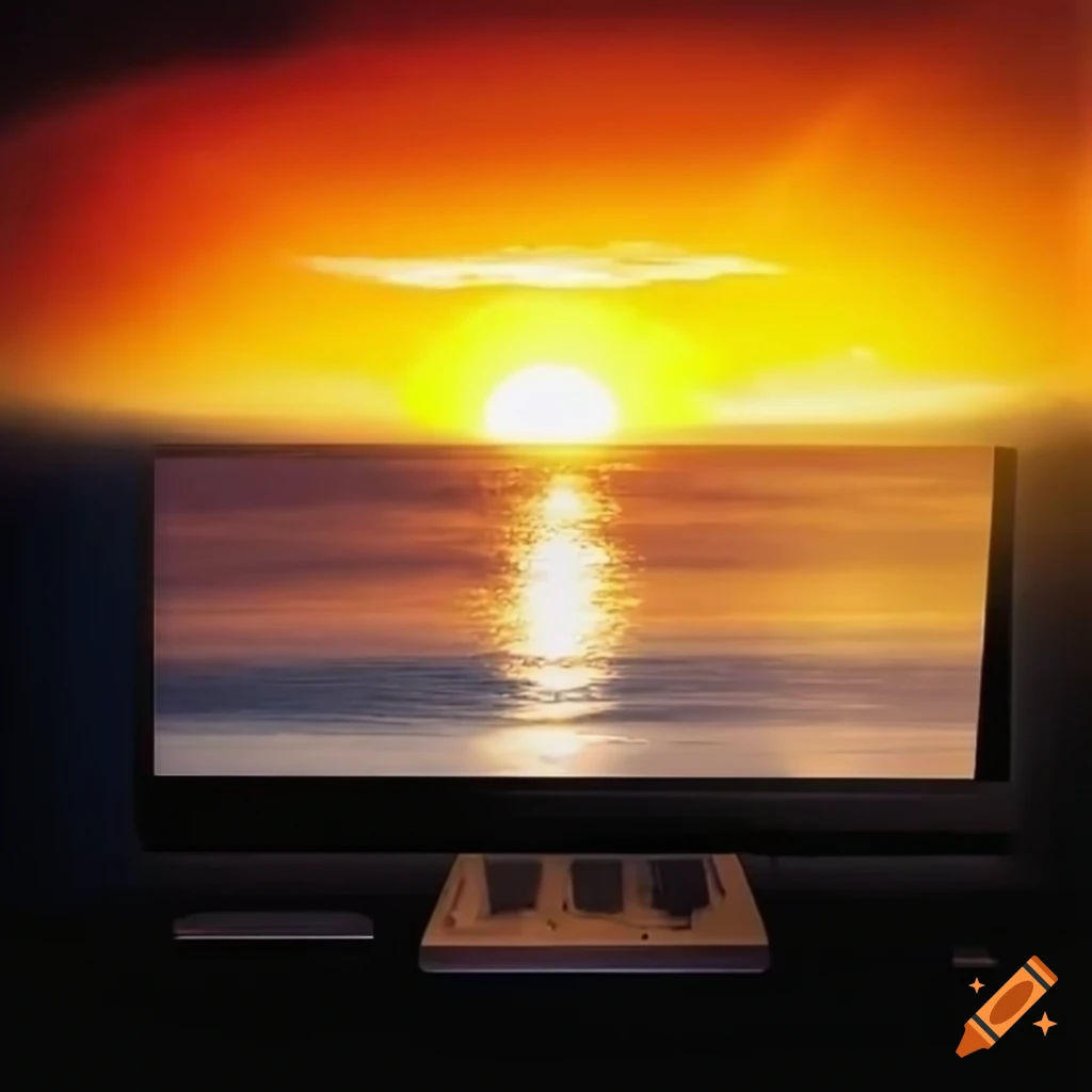 Sun rising on a computer monitor at the beach on Craiyon