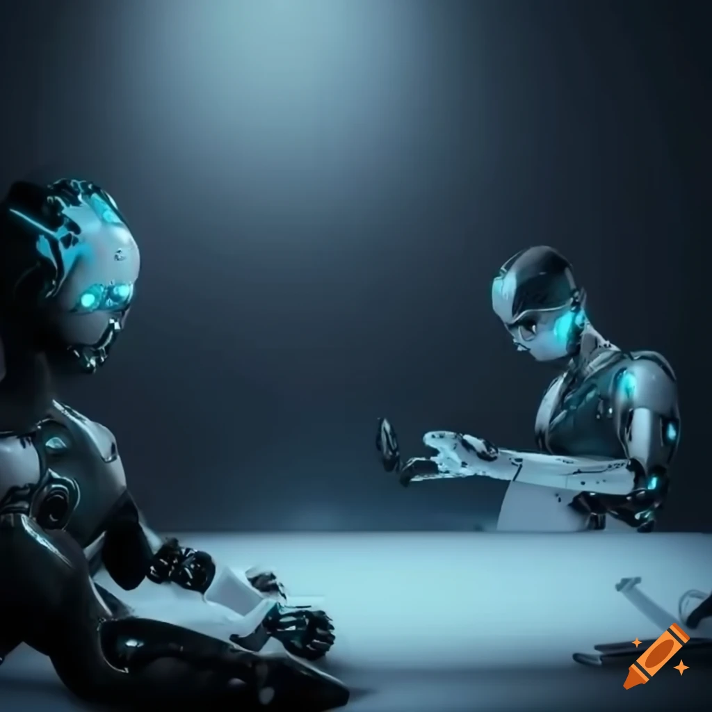 Scientists working on a futuristic cyborg in a white laboratory on Craiyon