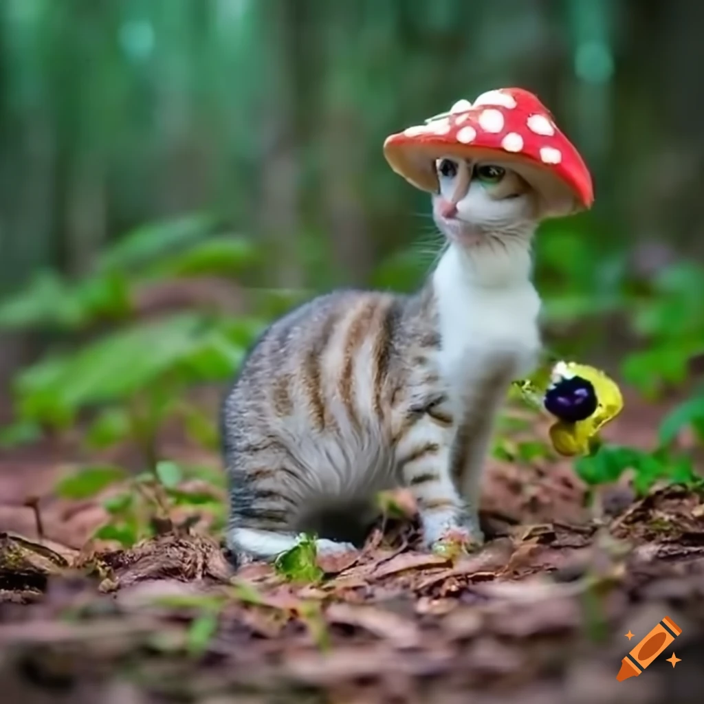 Smurf cat with mushroom hat in a forest on Craiyon