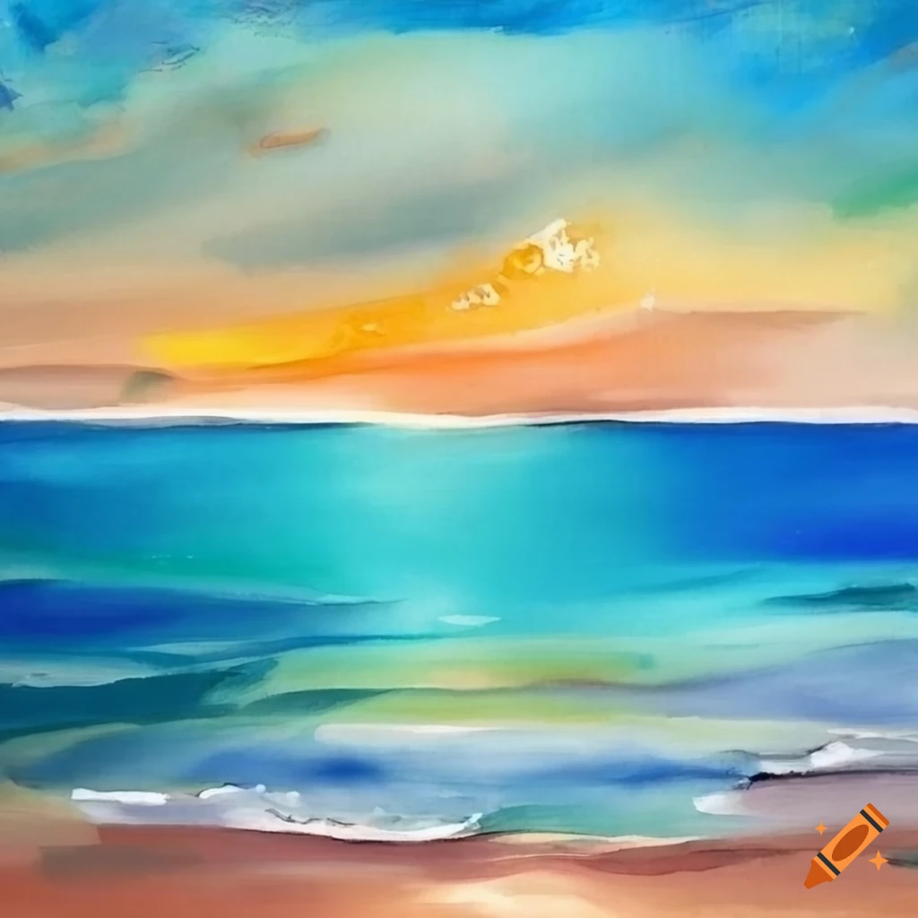 watercolor painting of a beach and ocean