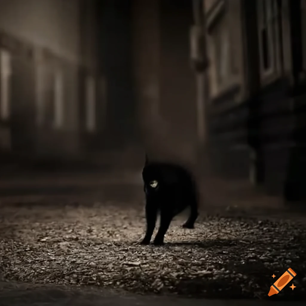 Mysterious black cat walking down a dusty street on Craiyon