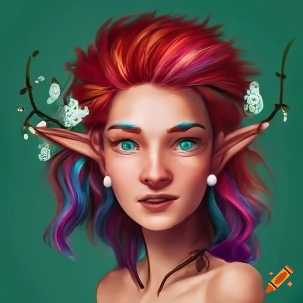 Portrait of a happy halfling with rainbow hair and mistletoe on Craiyon