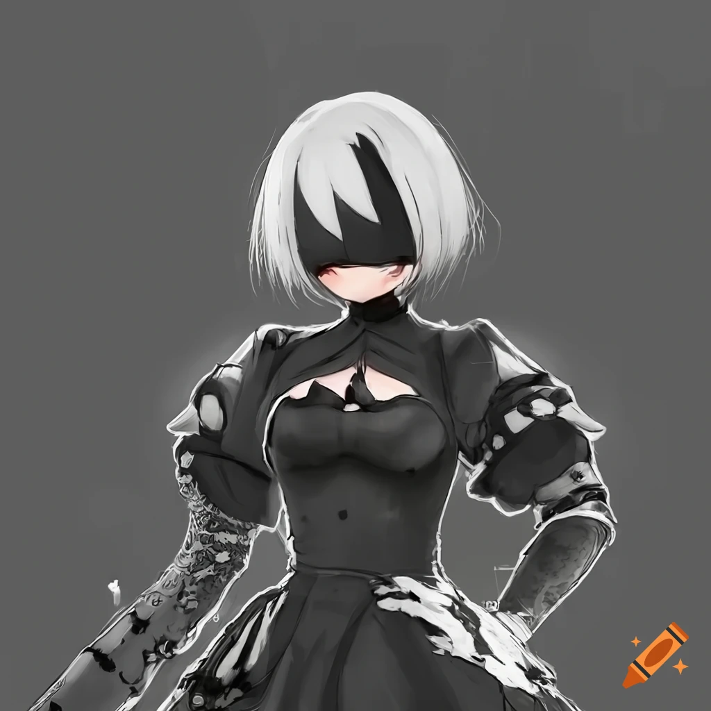black and white artwork of 2B from Nier Automata