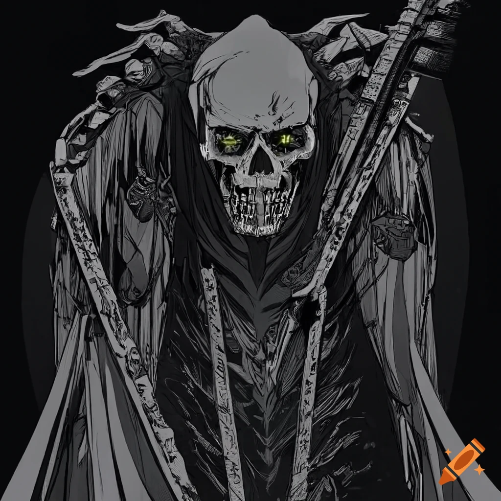 concept art of a towering figure in a dark, gothic world