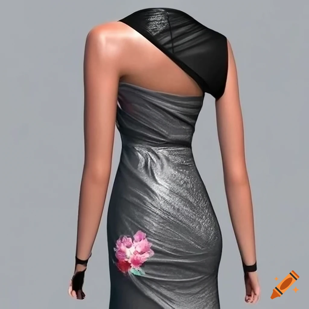 photorealistic close-up of a one-shoulder mini wrap dress in cloque fabric