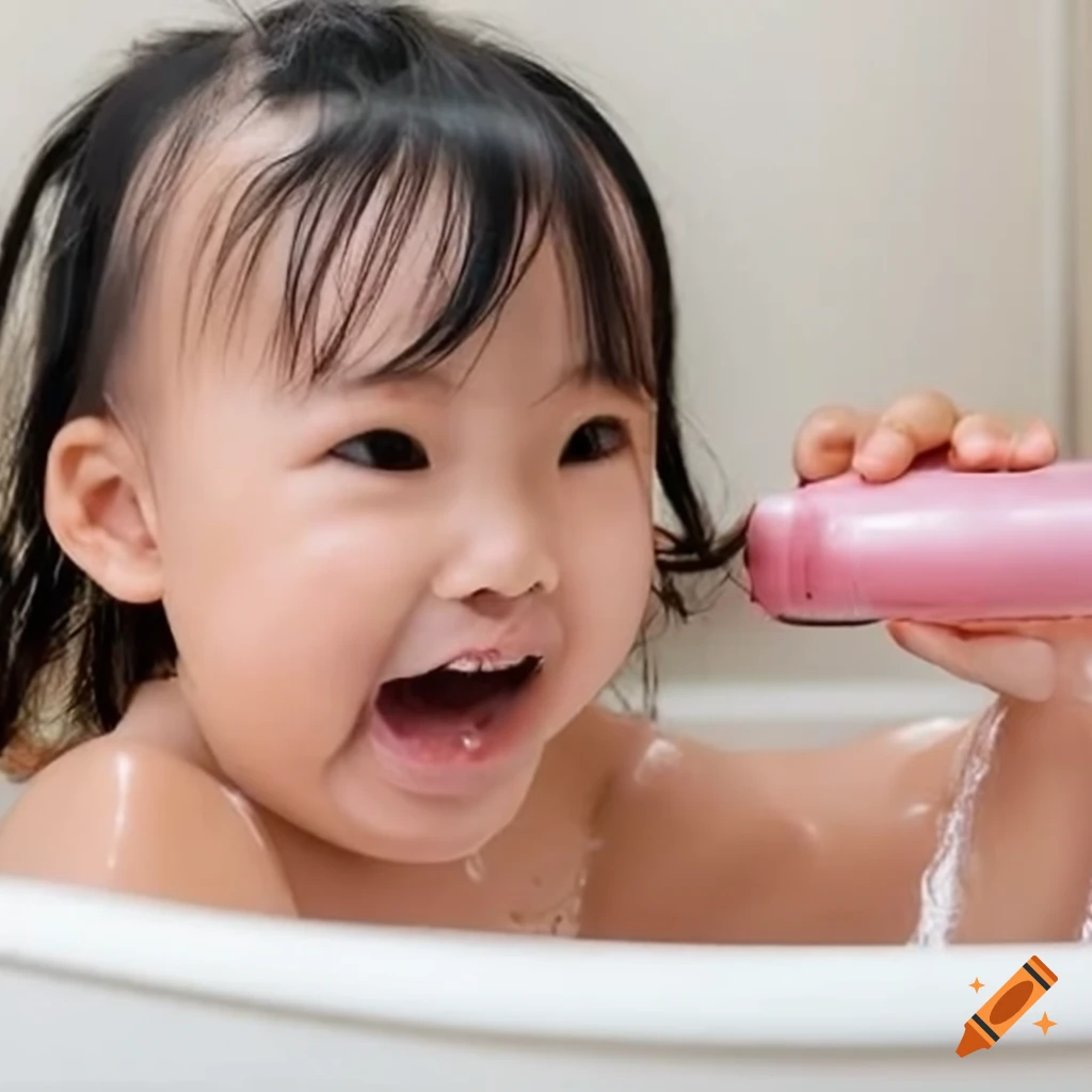 cute asian toddler girl enjoying bath time