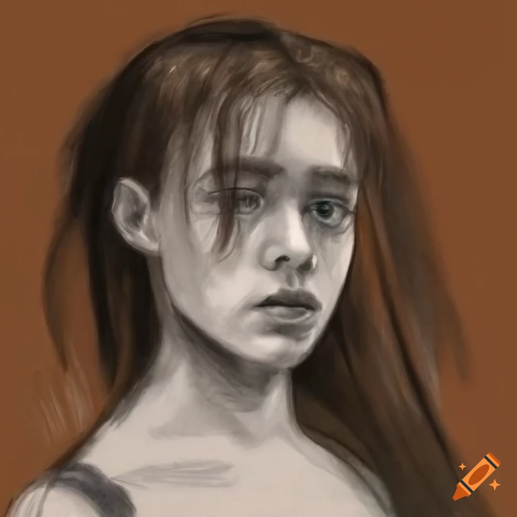 charcoal drawing of a girl with flowing hair