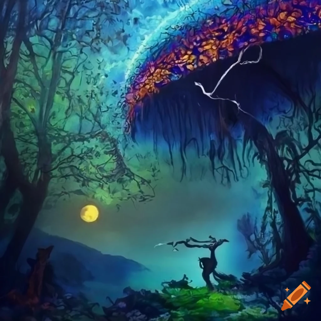 vibrant painting of a toten hunting at night
