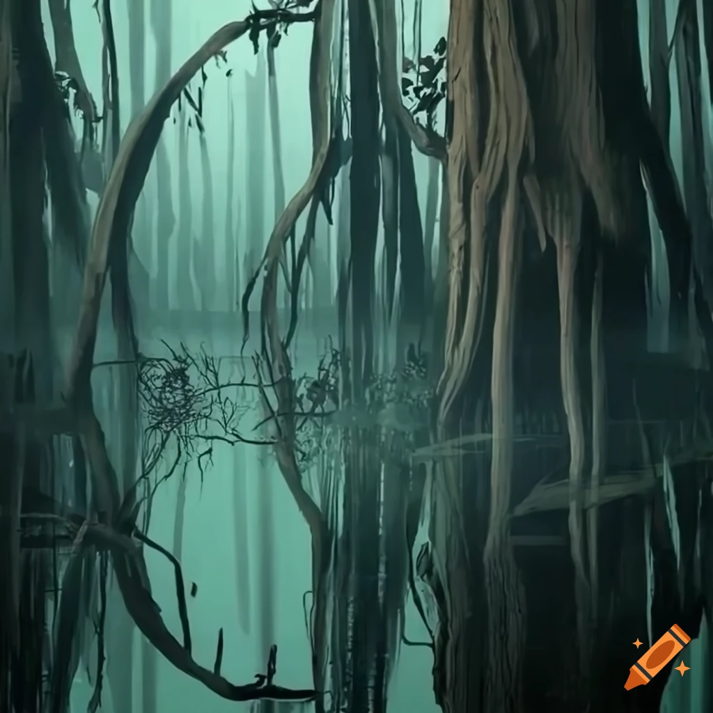 Spooky swamp with hanging vines on Craiyon